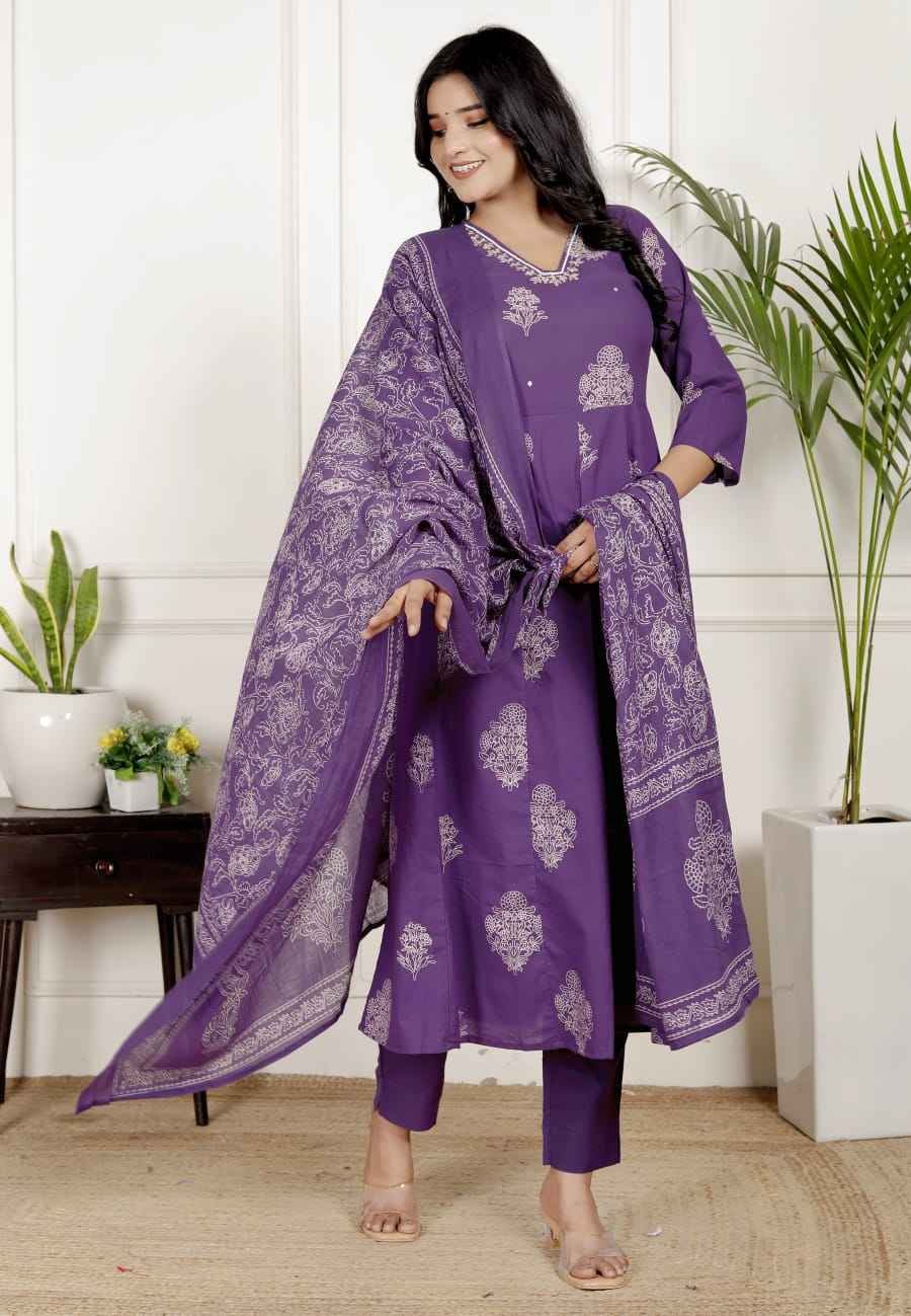 Elegant Purple Cotton Anarkali Gown with White Block Print”